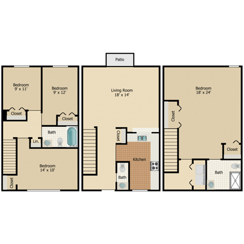 Floor plan for 4 beds, 2.5 baths, 1548 sqft